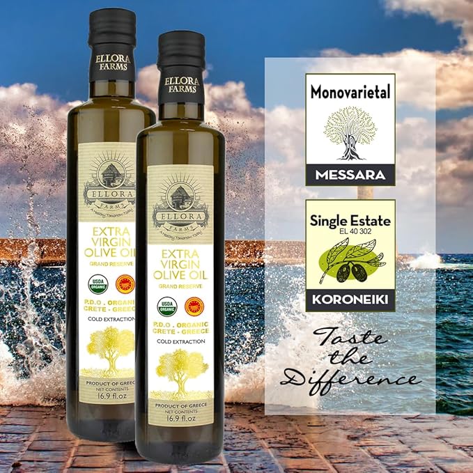 Ellora Farms, Organic Extra Virgin Olive Oil, PDO Messara, Greek Single Estate, High Polyphenol, Cold Press, Traceable & Kosher, 17 FL oz, Pack of 2
