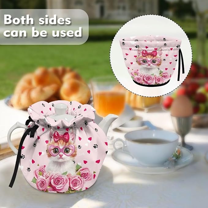 Cat Love Heart and Owl Kitchen Tea Pot Protector Cover Decorative Dust Proof Teapot Cover with Insulation Pad to Keep Tea Warm Sturdy Valentine's Day Decor for Home Kitchen