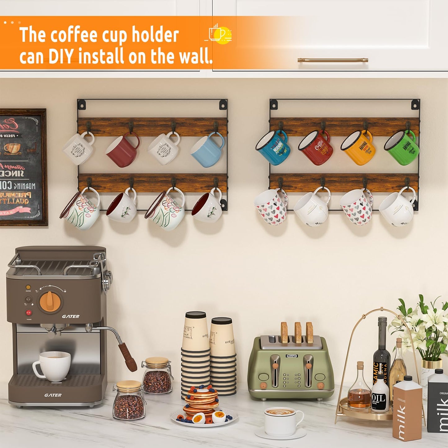 Huxitocan Wall Mount Coffee Mug Holder - Rustic Wood and Iron, Holds Up to 24 Mugs (3Pack) for