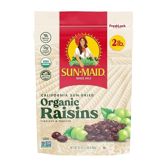 Sun-Maid Organic California Sun-Dried Raisins - 32 oz Resealable Bag - Organic Dried Fruit Snack for Lunches, Snacks, and Natural Sweeteners