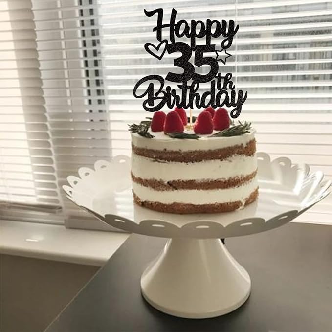 1 Pack Happy 35th Birthday Cake Topper Glitter Heart Star 35 Fabulous Cake Pick Birthday Sign Cake Decorations for Children 35th Birthday Theme Party Supplies Black