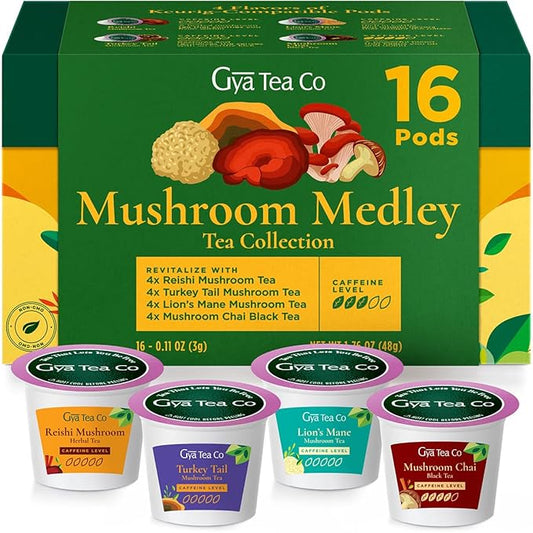 Gya Tea Co Mushroom Medley Collection Tea Gift Set (16 ct) - Tea Pod Assorted Variety Pack with Reishi, Lion's Mane, Turkey Tail, Chai for Nourish & Wellness