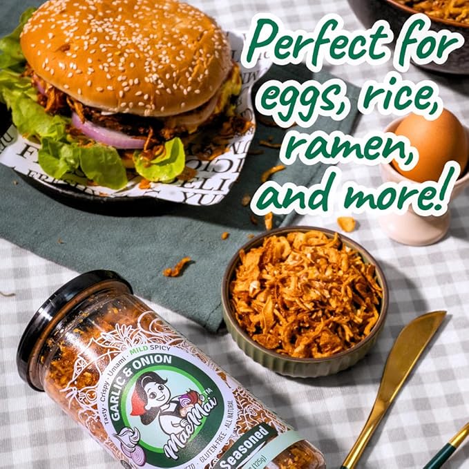 MaeMai MILD Spice - Crispy Onions & Garlic Flakes - Keto, Healthy Seasoning, Salad Toppings, Fried Garlic - Ramen, Rice Seasoning, Vegan, Gluten-free | 5.47 Ounce Resealable Bottle