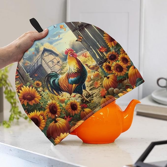 Rooster and Pumpkin Tea Cosy for Teapot Washable Tea Pot Cozy for Keeping Warm,Reusable Scratch Proof Kettle Cover for Breakfast Warmer