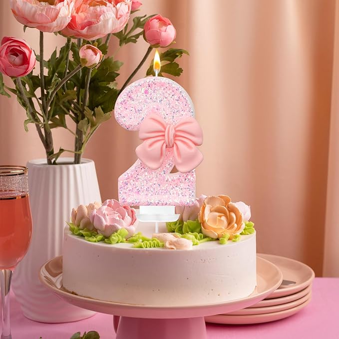 Pink Glitter Bow Cake Candles, 2 Pack, Smokeless, Eco-friendly, Decorative, Unscented, Indoor Use, Modern Style, Number Theme, Perfect for Birthdays