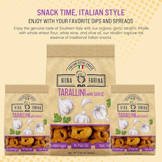 NINA FARINA Tarallini Garlic -Fresh Baked Italian Crackers Free from Added Sugars, Palm Oils and Yeast - Italian Style Nutritious Tarallini Crackers Great for Health 6.35oz/bag (4PACK)