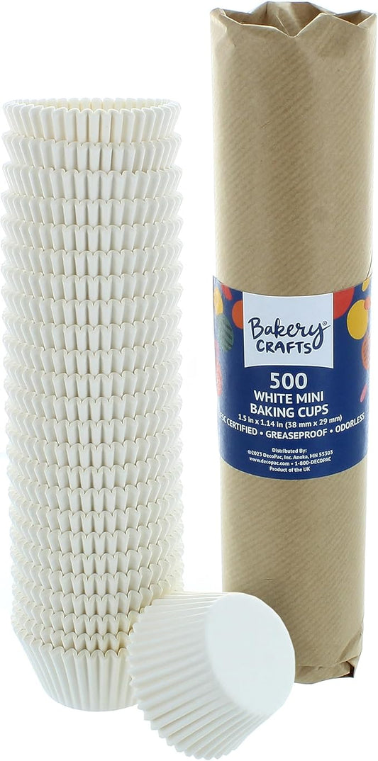 Bakery Crafts White Mini Baking Cups, 1.2" Cupcake Cases, Greaseproof Paper Liners for Mini Muffins, Fairy Cakes, and Extra Small Cupcakes, Pack of 500
