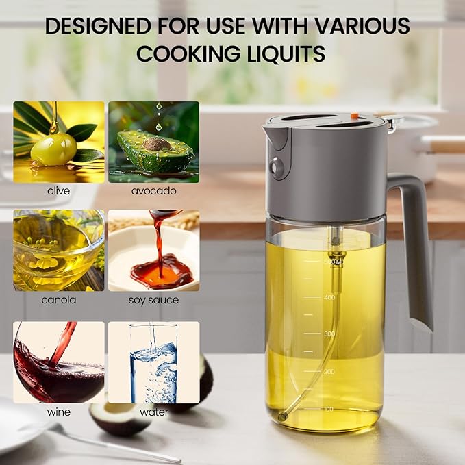 Oil Sprayer for Cooking, 2025 Large Advanced Olive Oil Dispenser Bottle,500ml/17oz Glass Olive Oil Sprayer,2 in 1 Even Spray with Portion Control for Kitchen, Air Fryer, Salad, BBQ - Gray