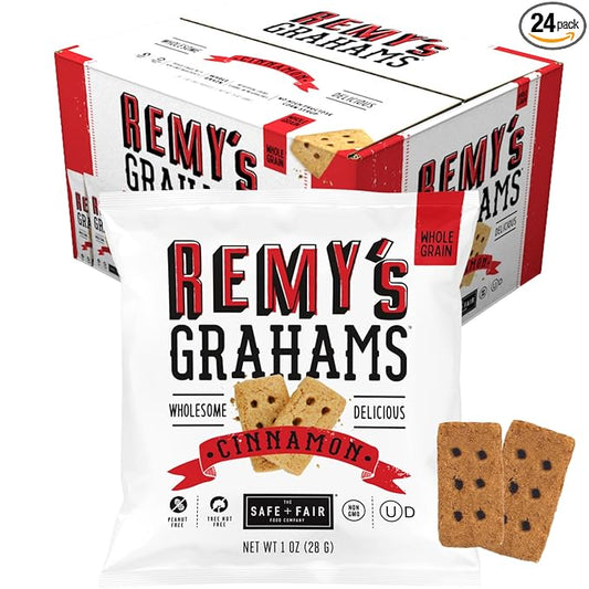 Safe + Fair Remy's Cinnamon Grahams 24ct - Wholesome Healthy Snacks - Bite-Sized Whole Grain Treats - Single-Serve Pouches for School Lunches - Peanut/Tree Nut-Free - EBT Eligible Food Items