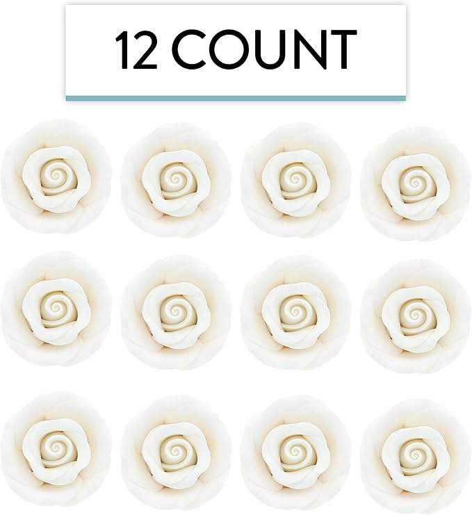 Global Sugar Art Premium Edible Roses, White, Unwired, Medium 1.5 inches, 12 Count by Chef Alan Tetreault