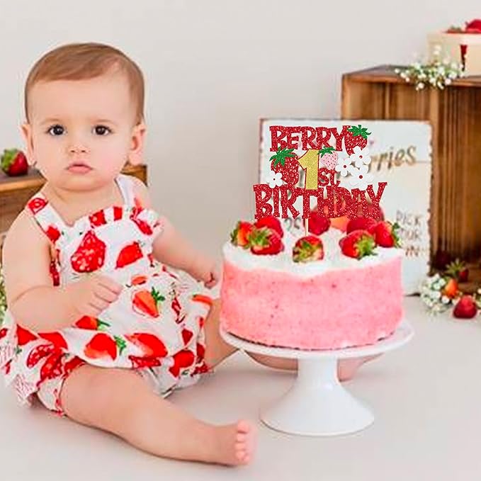 1 Pack Berry 1st Birthday Cake Topper Red Glitter Flower Strawberry Frist Birthday Cake Pick for Fruit Strawberry One Theme Baby Shower Kids Birthday Party Strawberry Party Cake Decorations Supplies