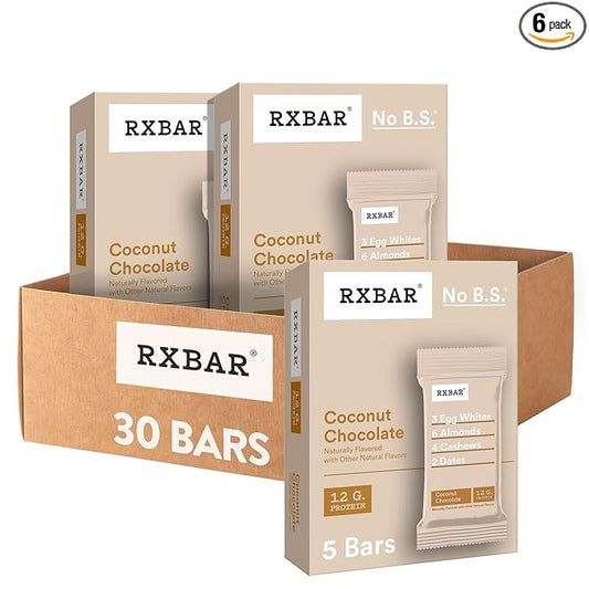 RXBAR Protein Bars, 12g Protein, Gluten Free Snacks, Coconut Chocolate (6 Boxes, 30 Bars)