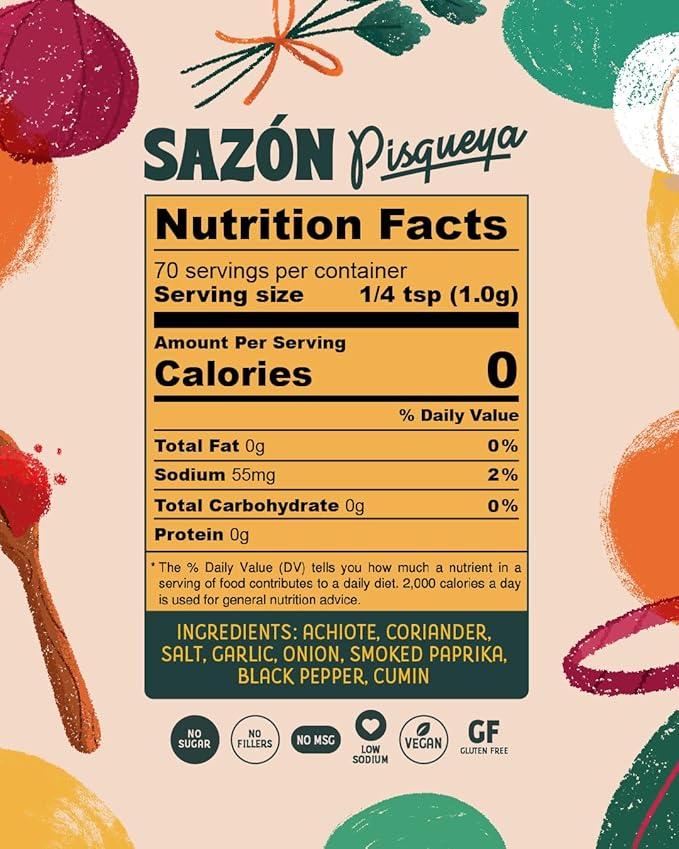 Pisqueya Sazón Seasoning, Made With Achiote. Adds Instant Flavor To Any Dish. Low Sodium, No Sugar, No MSG, Non-GMO, No Preservatives, No Artificial Coloring, No Artificial Flavors, 2.5oz, Pack of 1
