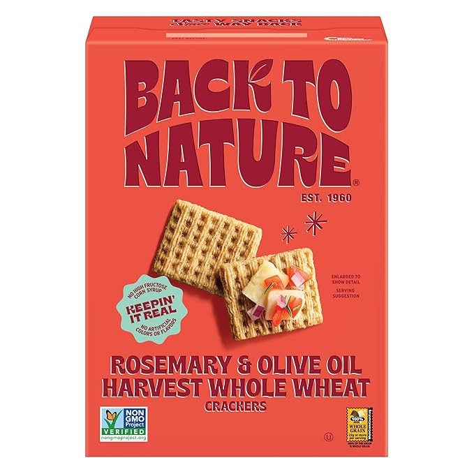Back to Nature Rosemary & Olive Oil Harvest Whole Wheat Crackers, Non-GMO, Vegan Friendly Snack, Made with Whole Grain Wheat & Sea Salt, 7 oz Box