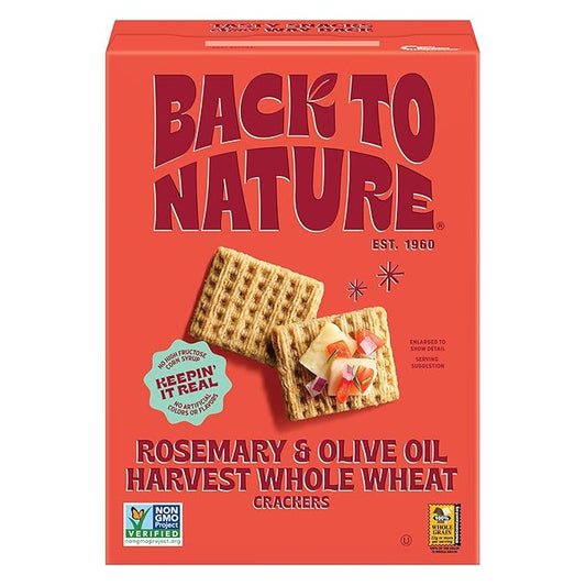 Back to Nature Rosemary & Olive Oil Harvest Whole Wheat Crackers, Non-GMO, Vegan Friendly Snack, Made with Whole Grain Wheat & Sea Salt, 7 oz Box