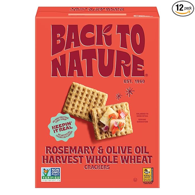 Back to Nature - Rosemary & Olive Oil Harvest Whole Wheat Crackers - Non-GMO, Made with Whole Grain Wheat & Sea Salt, - Seriously Tasty Snacks - 7 Ounce (Pack of 12)
