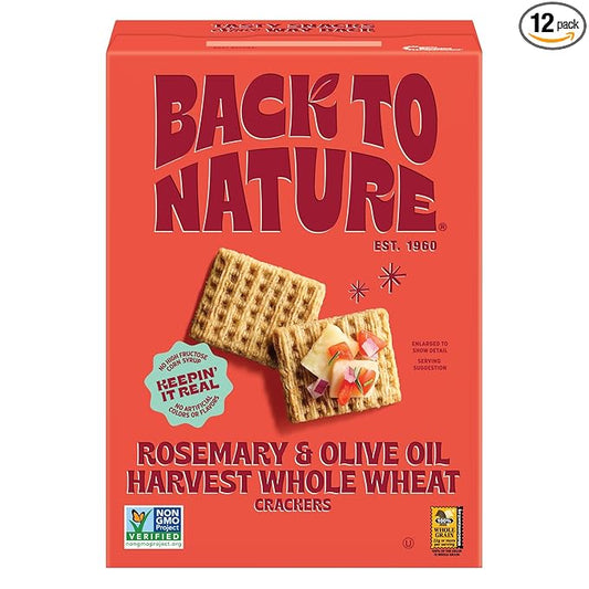 Back to Nature - Rosemary & Olive Oil Harvest Whole Wheat Crackers - Non-GMO, Made with Whole Grain Wheat & Sea Salt, - Seriously Tasty Snacks - 7 Ounce (Pack of 12)