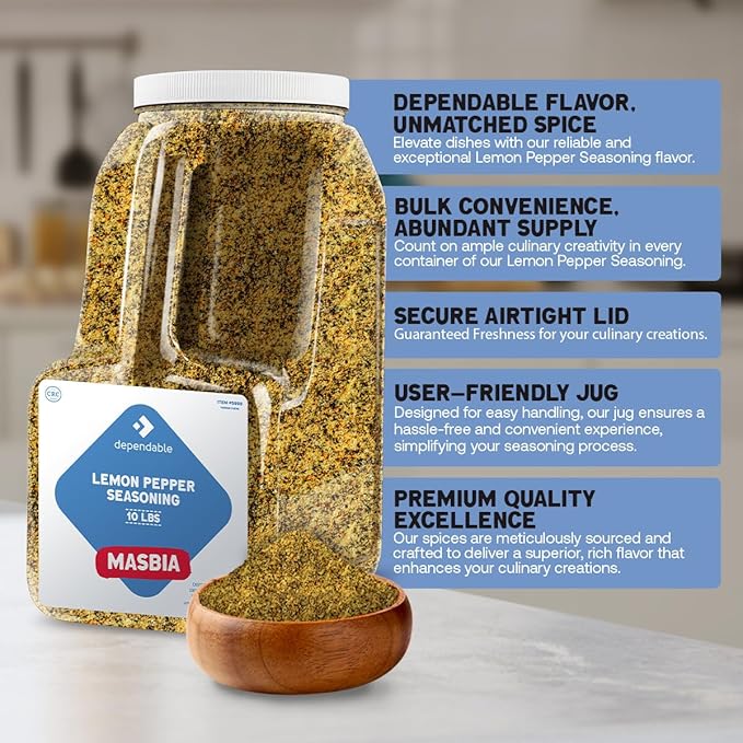 Dependable Food Lemon Pepper Seasoning - 10 Lb. Resealable Jug - Non-GMO, Kosher ??Bulk Pack for Zesty Flavor