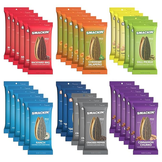 SMACKIN' Sunflower Seeds, Roasted Jumbo Small-Batch, American Made - 8 Flavor Variety. 1.5oz bags (36 Pack)