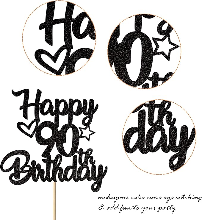 1 Pack Happy 90th Birthday Cake Topper Glitter Heart Star 90 Fabulous Cake Pick Birthday Sign Cake Decorations for Children 90th Birthday Theme Party Supplies Black