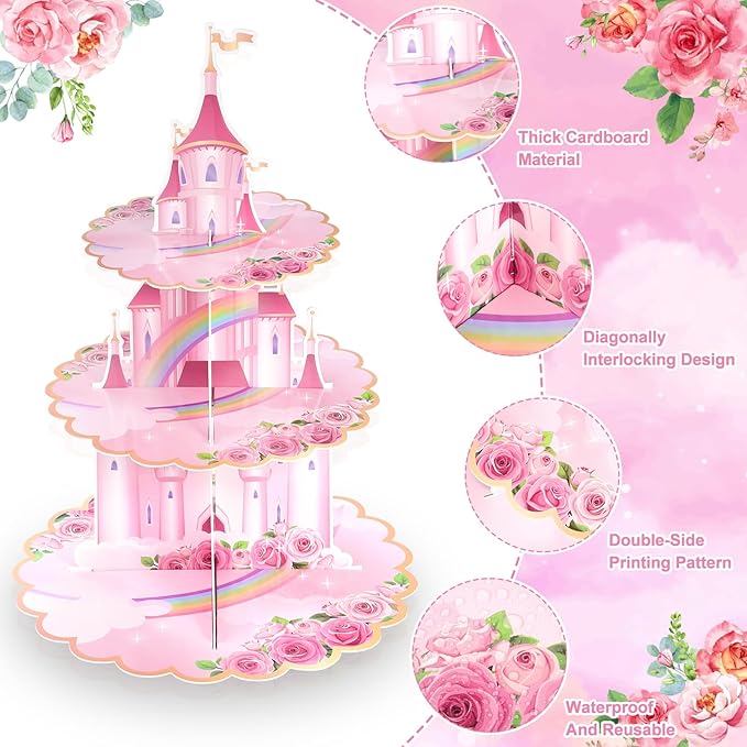2 Pack Princess Birthday Party Decorations Pink Castle Cupcake Stand Princess Party Decorations Cupcake Holder for Girls Kids Baby Shower Birthday Party Supplies