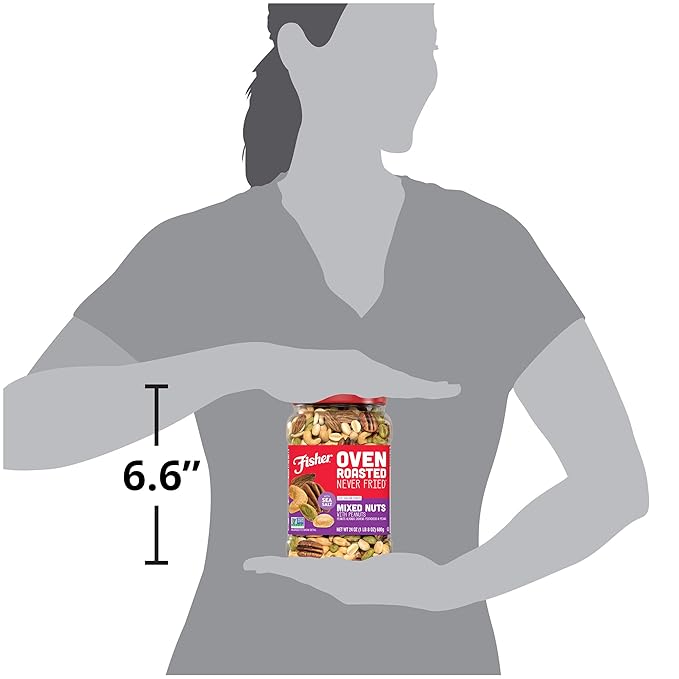 Fisher Oven Roasted Never Fried Mixed Nuts with Peanuts, 24 Ounces (Pack of 2), Peanuts, Almonds, Cashews, Pistachios, Pecans, Snacks for Adults, Made With Sea Salt, No Added Oils, Artificial Ingredients or Preservatives, Trail Mix, Gluten Free