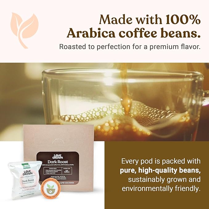 Love Grown Compostable Coffee Pods - Compatible with Single-Serve Brewing Machines - 100% Arabica Beans, Plastic-Free, Gluten-Free, Non-GMO - Decaf, Box of 15