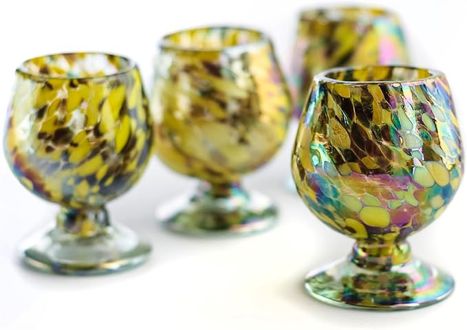 Authentic Mexican Tequila Hand Blown Shot Glasses - Set of 4-2 oz Mini Glass Snifters - Heavy Base - Cognac (Golden Hour Sips) Amber Hue Tasting Glasses for Sipping Añejo, Scotch & Cognac