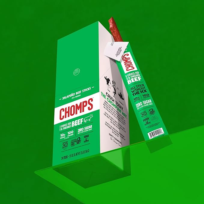 Chomps Grass-Fed and Finished Jalape챰o Beef Jerky Snack Sticks 24-Pack - Keto, Paleo, Whole30, 10g Lean Meat Protein, Gluten-Free, Zero Sugar Food, Non-GMO