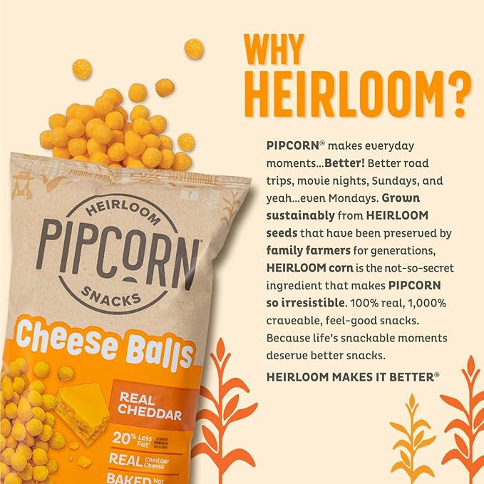Heirloom Cheddar Cheese Balls by Pipcorn - 4.5oz 6 Pack - Gluten Free, Non-GMO Heirloom Corn, Organic Cheese, Non-Artificial, Preservative Free Snack