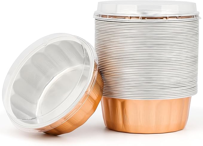 Beasea Disposable Ramekins 8oz, 50 Pack Rose Gold Aluminum Foil Cups with Lids, Disposable Creme Brulee Muffin Cupcake Baking Cup Mini Pudding Cups for Party Wedding Birthday