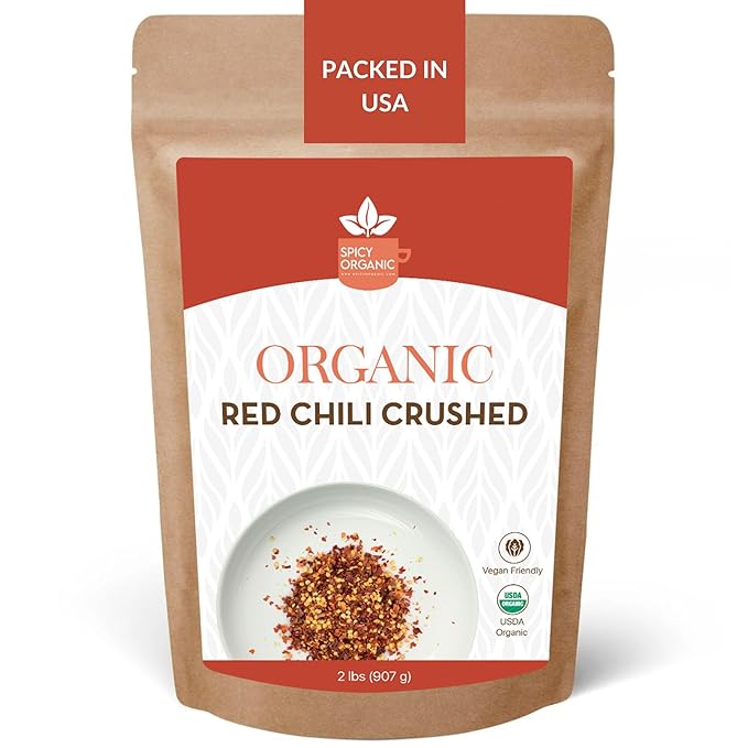 SPICY ORGANIC Crushed Red Pepper Flakes 2 lbs - Robust Chili Peppers Seasoning Spice - USDA Organic, Kosher, Non-GMO- Perfect for Pizza, Pastas, Salads, Sauces, Stews, Marinades and Pickled Vegetables