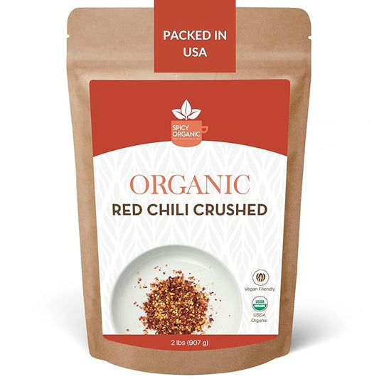 SPICY ORGANIC Crushed Red Pepper Flakes 2 lbs - Robust Chili Peppers Seasoning Spice - USDA Organic, Kosher, Non-GMO- Perfect for Pizza, Pastas, Salads, Sauces, Stews, Marinades and Pickled Vegetables