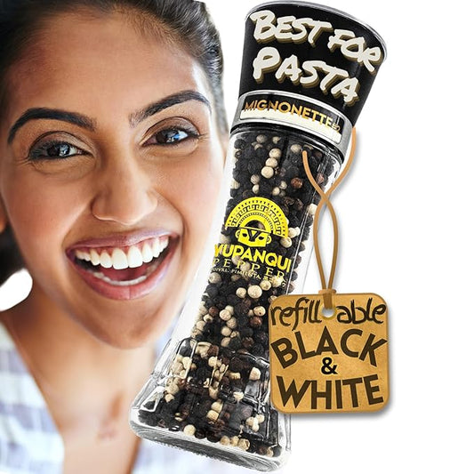 Yupanqui Peppercorn Medley Grinder MIGNONETTE, White Pepper & Black Pepper Mixed Peppercorns whole organic peppercorns mix in Refillable Peppercorn Grinder 3.5oz