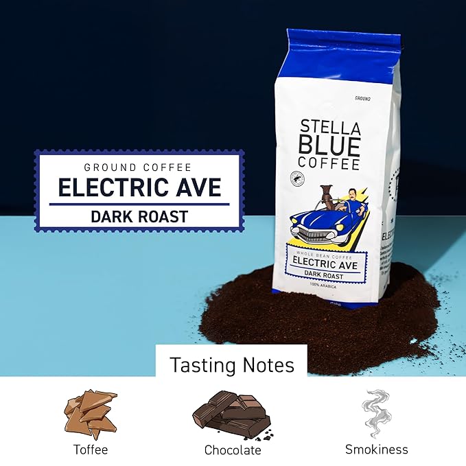 Stella Blue Ground Coffee, Electric Avenue Blend, Dark Roast, Toffee, Dark Chocolate & Subtle Smokiness Notes, 100% Arabica, Ethically Sourced from Central and South America, 12 oz bag