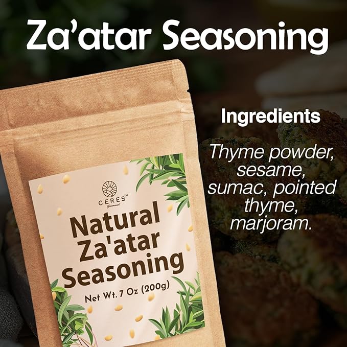 Za'atar Seasoning 7 Oz | Mediterranean Spice Blend | Natural Zaatar Spice Mix with Marjoram, Sesame, Sumac and Thyme | Authentic & Nutritious Za'tar Spice for Versatile Culinary Uses