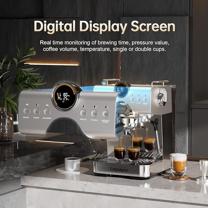 Espresso Machine with Milk Frother, Barista Coffee Machine, Cappuccino/Latte Maker, Espresso Coffee Machine for Home (20Bar Stainless Espresso Maker with Display)