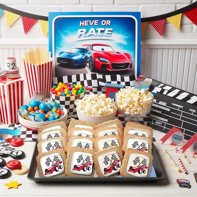 Race Car Themed Cookies Party Favors | Individually Wrapped 24 Pack Bulk | for Kids Birthday Treats | Red Black White Raceway Race Track Checkered Racing Theme