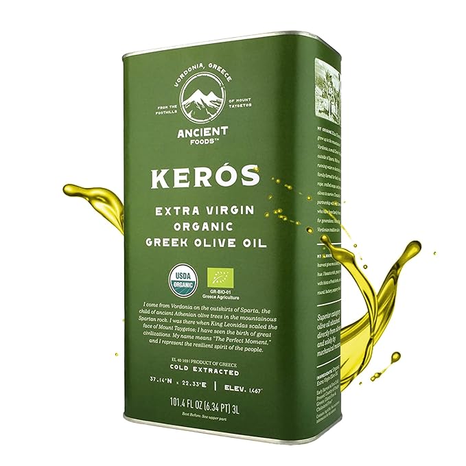 Ancient Foods Keros Greek Organic Extra Virgin Olive Oil ??Cold Pressed Olive Oil from Greece, High Phenolic Organic Olive Oil from 1000 Year Old Trees (101oz, 3L)