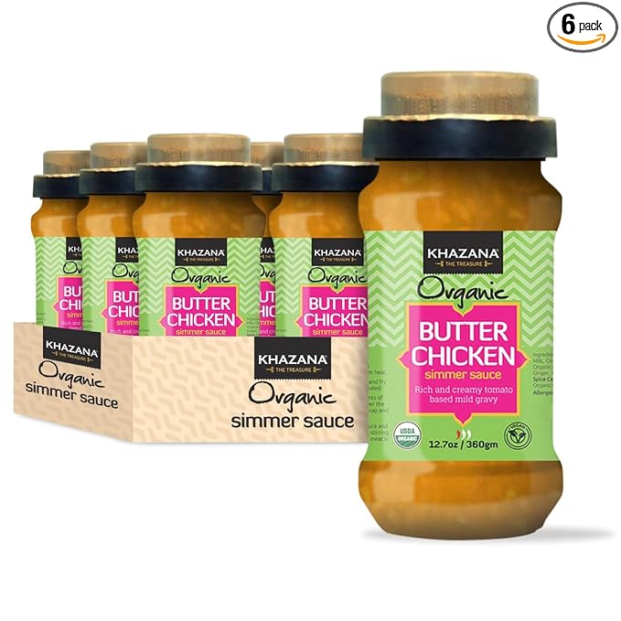 Khazana ORGANIC Butter Chicken Simmer Sauce - 6 x 12.7oz Jars | Non-GMO, Vegan, Gluten-Free, Kosher | Authentic Indian Meals Made Easy at Home!