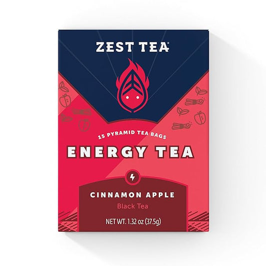 Zest Tea Premium Energy Hot Tea, High Caffeine Blend Natural & Healthy Traditional Coffee Substitute, Perfect for Keto, 150 mg Caffeine per Serving, Apple Cinnamon Black Tea, Box of 15 Sachet Bags