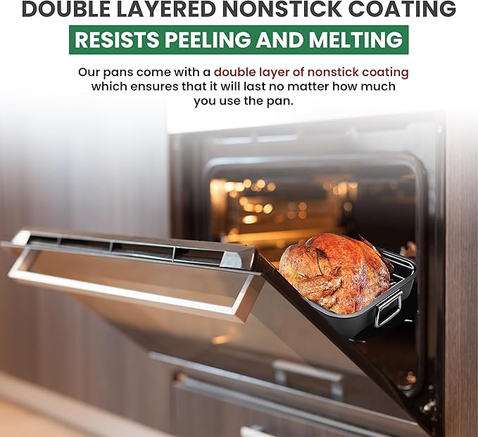 Roasting Pan With Rack 11" x 15" - Non Stick Large Roaster Pan and V-rack with foldable handles - Roasting Pans for Ovens to Elevate Food for Even Heating - Dishwasher Safe Turkey Roast Pot