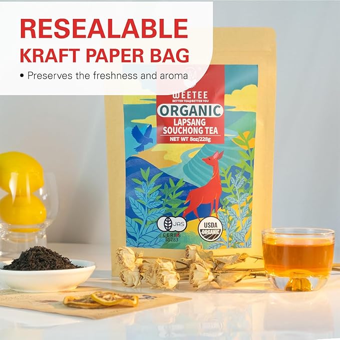 WT WEETEE Organic Lapsang Souchong Tea Loose Leaf, Organic Smoky Black Tea 8 Ounces, Natural Caffeine & Antioxidant, Traditional Chinese Tea