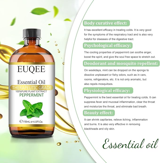 Peppermint Essential Oil 118 ml Pure Peppermint Oil with Glass Dropper, Great for Aromatherapy, Diffuser, Soap Candle Making - 4Fl. Oz