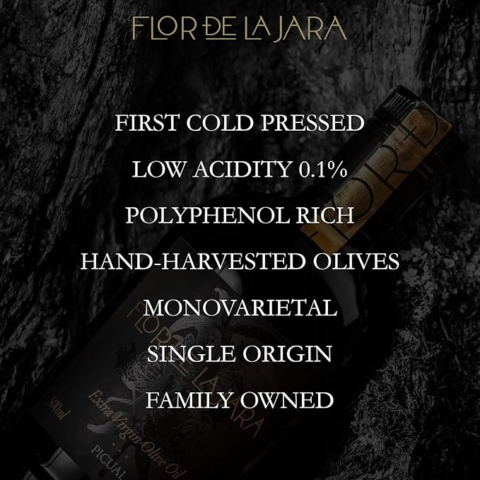FLOR DE LA JARA Premium Extra Virgin Olive Oil from Spain, First Cold Pressed, Polyphenol-Rich, Monovarietal Picual, Hand-Harvested Olives, Family-Owned Grove, Low acidity (0,1%), 16.9 fl oz (500ml)