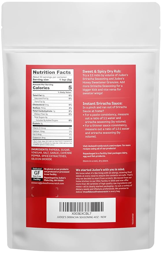 Judee's Sriracha Seasoning 4 oz - Powdered Vietnamese Chili Seasoning - Non-GMO, Gluten Free and Nut-Free - Great for Soups, Stews, Chilis, Dips, and Spreads
