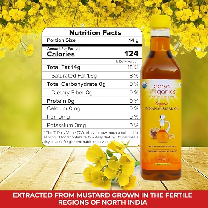 Darsa Organics Cold-Pressed Mustard Oil 33.8 oz (1000ml) ??USDA Organic, Unrefined & Chemical-Free, Rich in Vitamin E & Omega-3, Great for Hair & Skin Care, Natural Massage & Remedies
