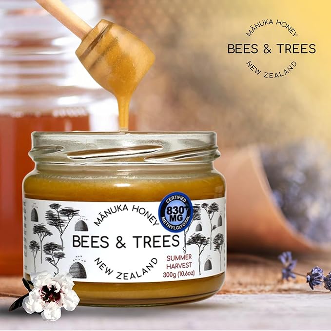 Bees & Trees Manuka Honey 830+ MGO – Pure New Zealand Raw Monofloral Honey – Unpasteurized & Natural – 300g (10.6oz) Glass Jar – Perfect for Coffee, Tea & Daily Wellness