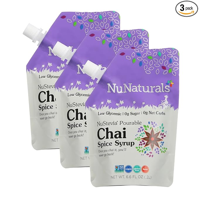 NuNaturals Stevia Syrup, Sugar-Free Sweetener, Plant-Based Sugar Substitute, Zero Calorie, Chai Spice, 6.6 oz (3-Pack)