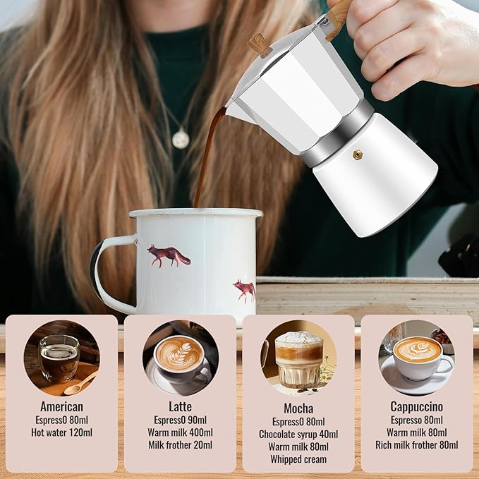 6 Cup Aluminum Moka Pot Classic Stovetop Espresso Coffee Maker 300ml 10oz Coffeemaker Percolator Mocha Express Preferred Cafe Makers for Italian and Cuban Cafì±?Brewing White